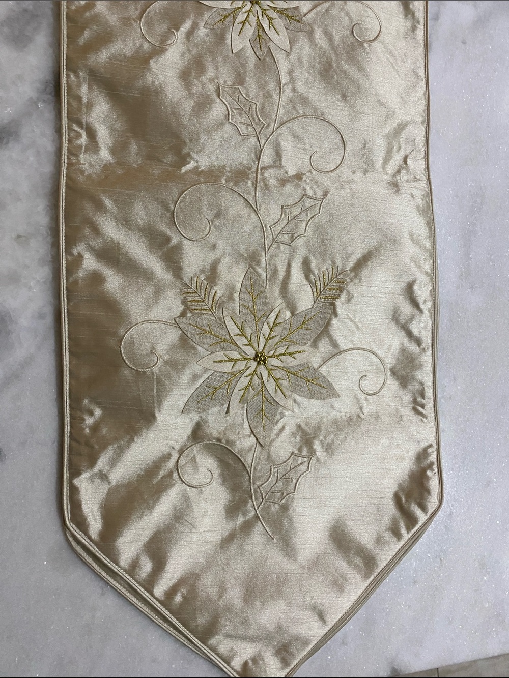 Gold and Ivory Poinsettia Embroidered Table Runner - Elegant Holiday Dining
